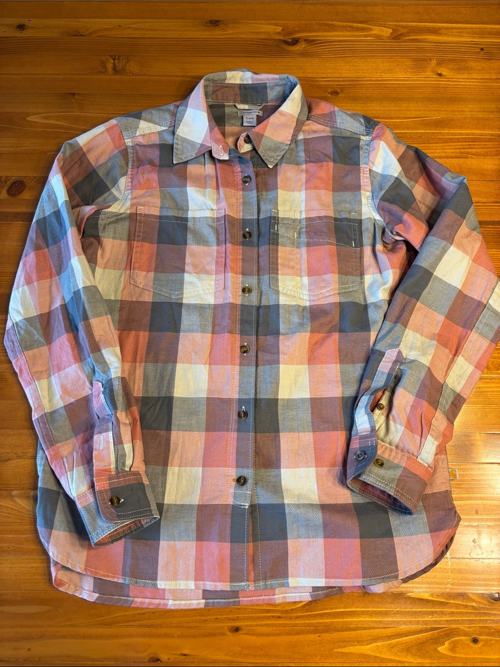 Carhartt Coral, Gray & Tan Plaid Button-Down Shirt